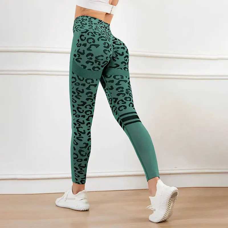 Yoga 9-minute long pants with elastic waist and abdomen tight fitting leopard print seamless quick drying fitness pantsC250425