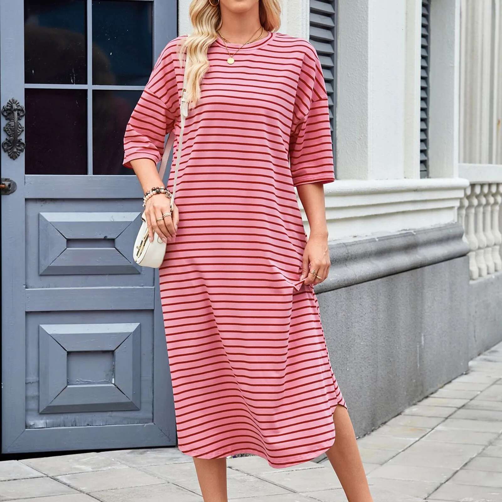 Dongdumaoyi Striped Dress Women Summer New Fashion Korean Medium Long Short Sleeve Knee Length Loose T Shirt Dresses Casual Office