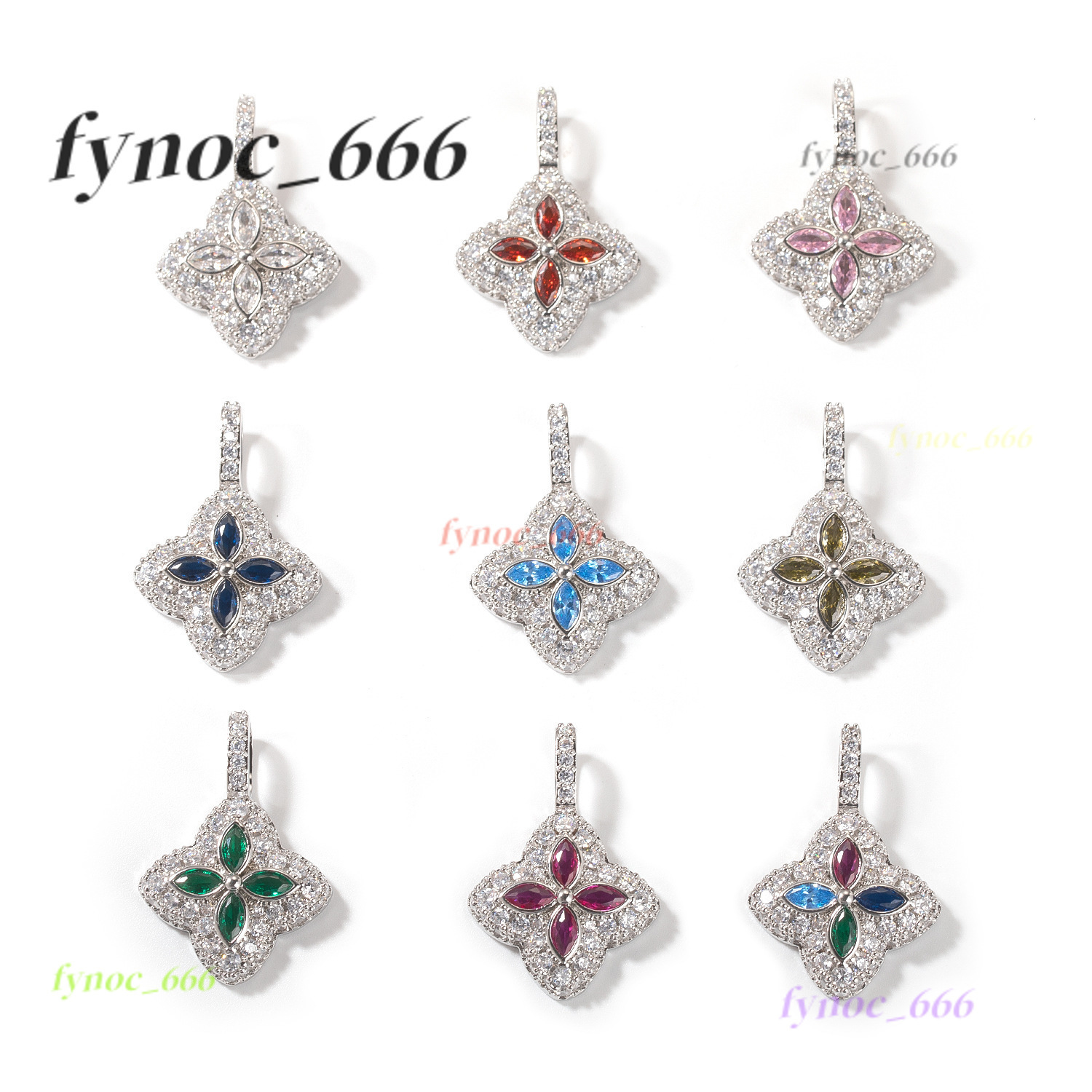 Iced Out Luminous Colored moissanite Clover Pendant Blue Marquise Motif Infinity Pendant