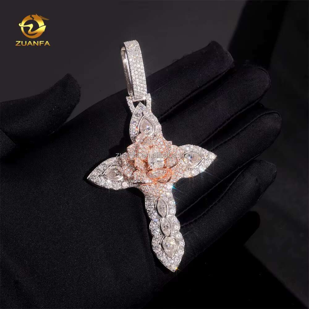 Cusrtomized Fashion Man Jewelry Rose+White Gold Color Hip Hop Pendant S925 VVS1 Moissanite Diamond Rose Flower Cross Pendant