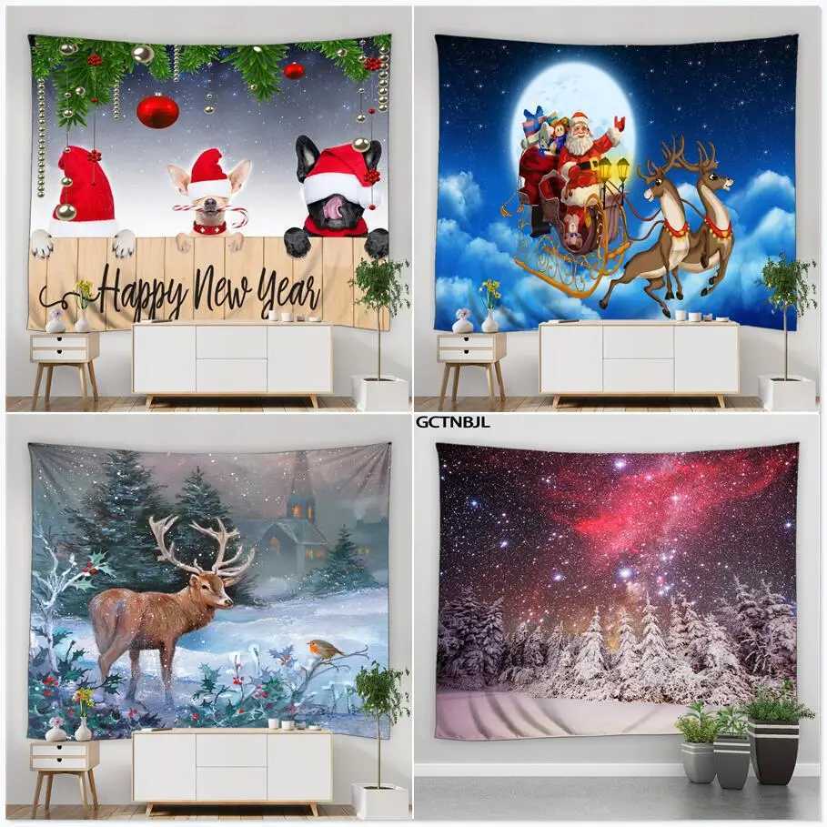 Winter Landscape Tapestry Wall Hanging Forest Snow Scene Christmas Theme Pine Santa Home Decor Living Room Bedroom Wall TapestryM251125