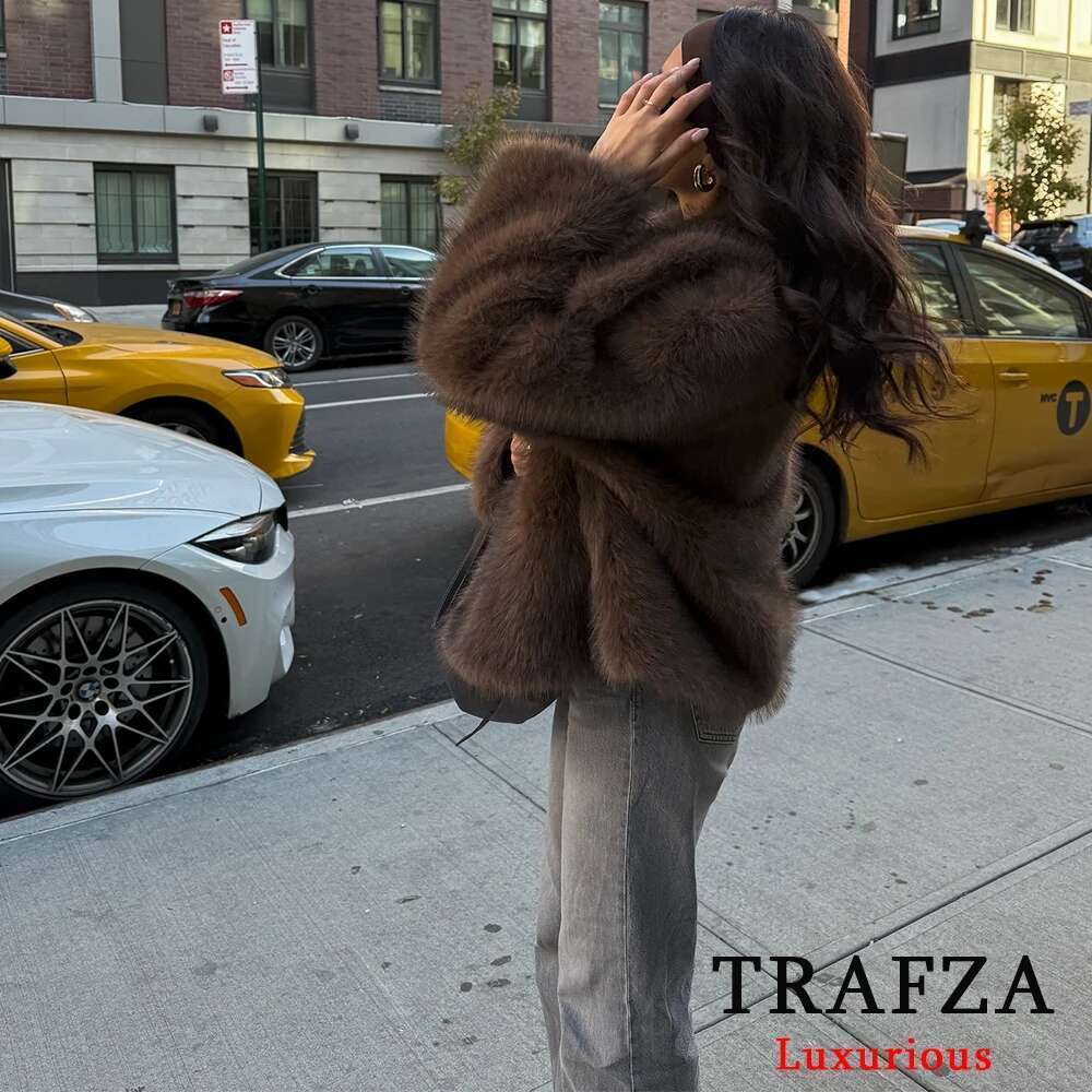 TRAFZA Casual Brown Thick Jackets Women Long Sleeve V Neck Autumn Winter Faux Fur Coats Fashion 2024 Streetwear Outwears