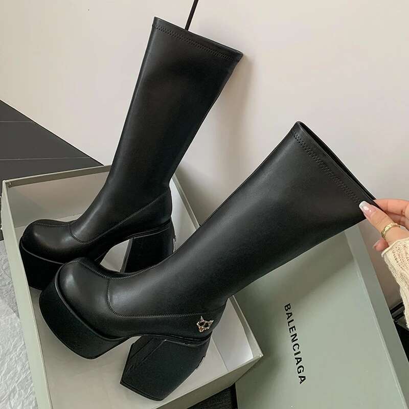 Ins Hot Spice Girl 14Cm High Heel Stretch Women Chunky Platform Punk Style Metal Decroation Designer Boots Sexy Botas Lady
