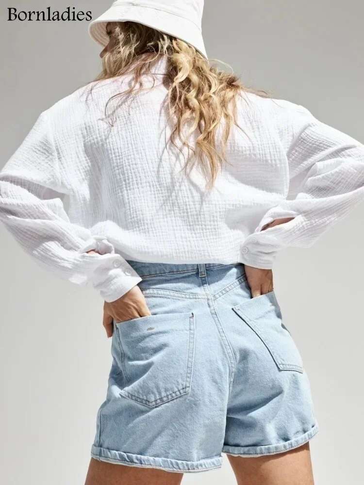 Bornladies 2025 Women's Spring Summer 100% Cotton Office Fashionable Solid Lady Long Sleeve Loose Tops Crepe Shirts