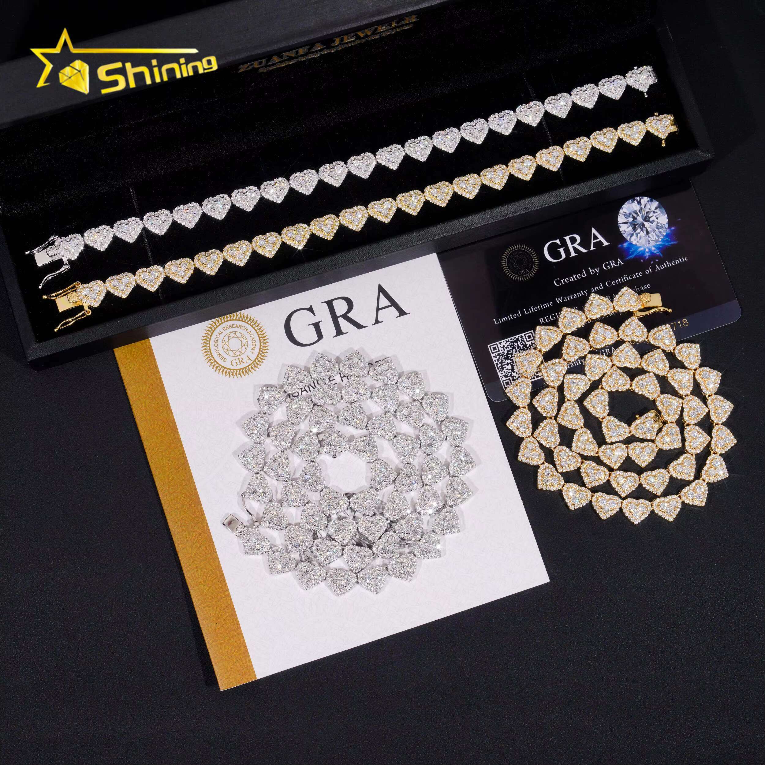 Fast Delivery Heart Design 925 Sterling Silver Pass Diamond Tester GRA Certified VVS Moissanite Heart Cluster Bracelet Chain