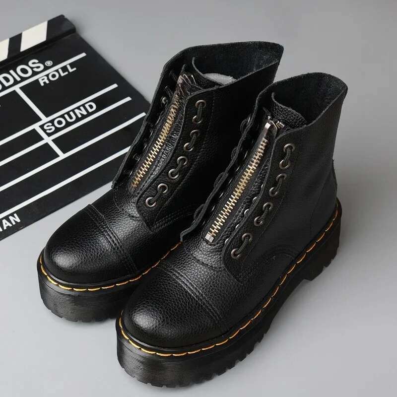 Women Genuine Leather Platform Motorcycle Shoes Front Zipper Optical Soles Fashion Sexy Punk Men Winter Boots 35-46