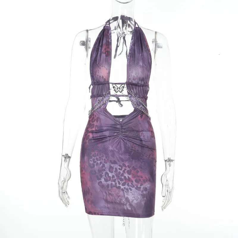 Dongdumaoyi Townlike Leopard Print Slim Bodycon Dress Women Halter Mini Spring Summer Chain Deep V Neck Sexy Party Dresses