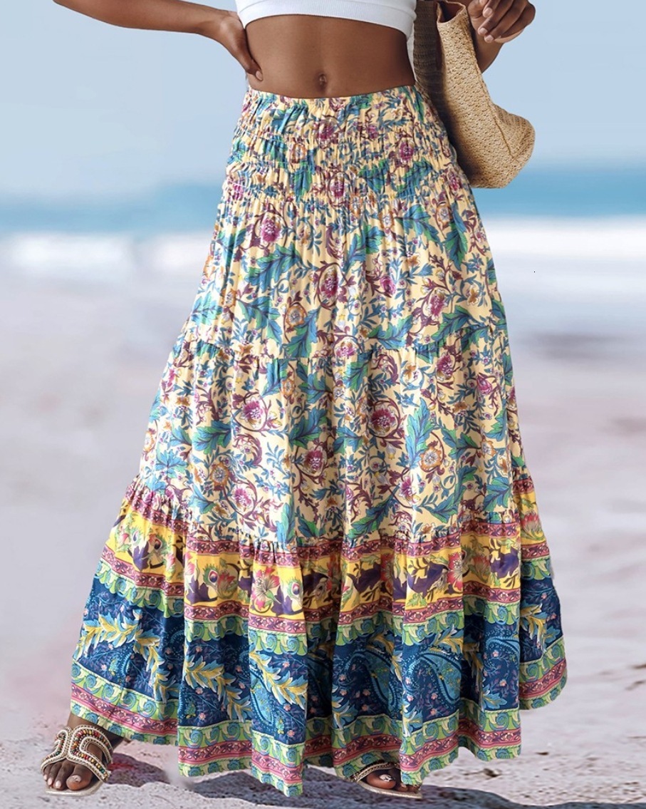 2025 Summer High Waist Elastic Waist Loose Printed Long Skirt for Women