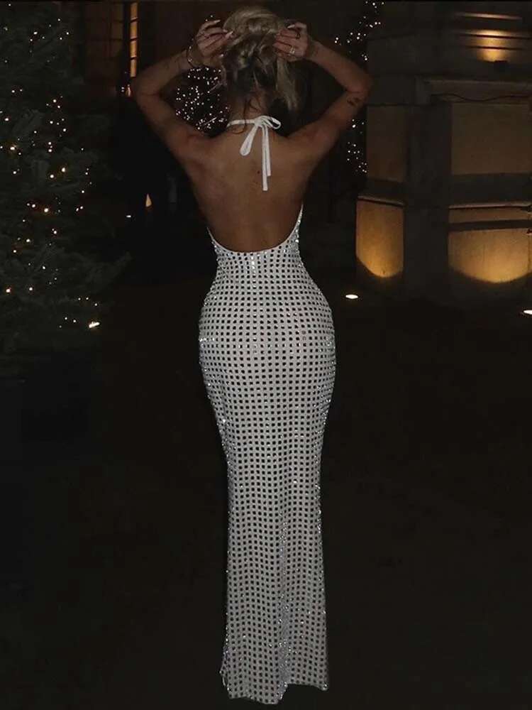 Dongdumaoyi Townlike Elegant Maxi Long Slim Bodycon Dress Women Halter Spring Summer Sparkle Glitter Nightclub Sexy Party Dresses