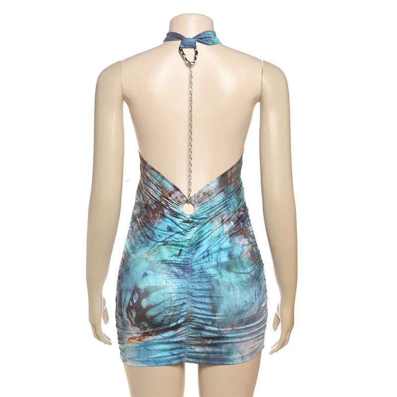 Dongdumaoyi Townlike Print Slim Bodycon Pleated Dress Women Halter Mini Spring Summer Deep V Neck Nightclub Sexy Party Dresses