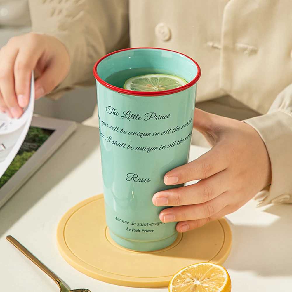 Texture Ceramic Handle Cup 580ml Letter Print Contrast Color High Coffee Mug Household Afternoon Tea Pigmented Drinkware Y251125