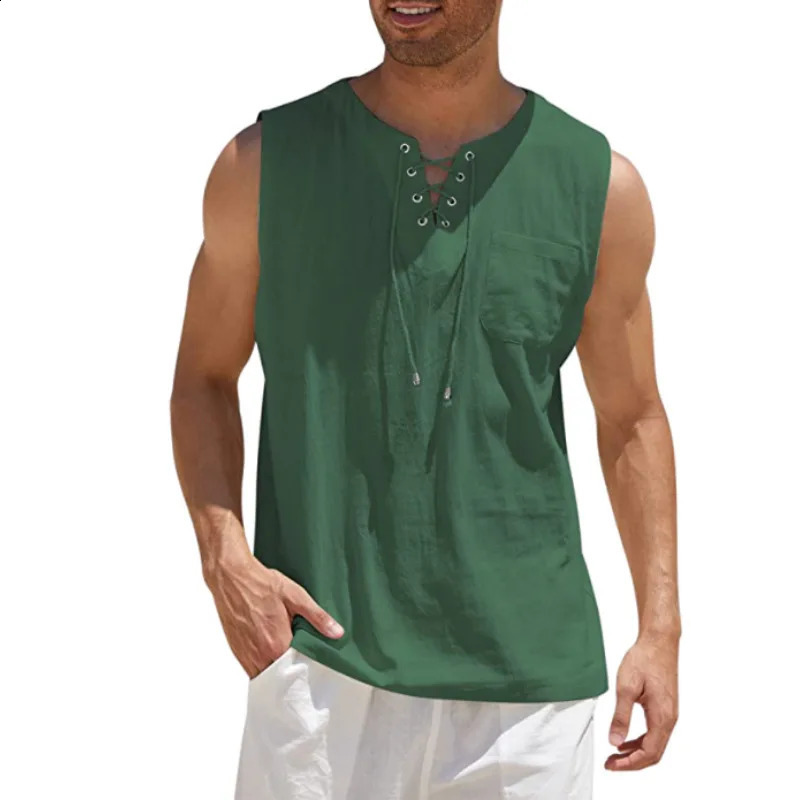 1 piece of summer mens casual shirt without pleats vest with lace retro V-neck fashionable loose shirt mens solid color vest 250422