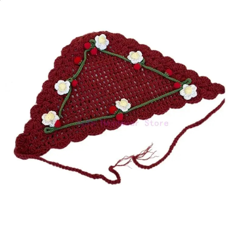 Handmade Knitted Hair Scarf Flower Pattern Headwear Outdoor Girl Kerchiefs P00E 250423