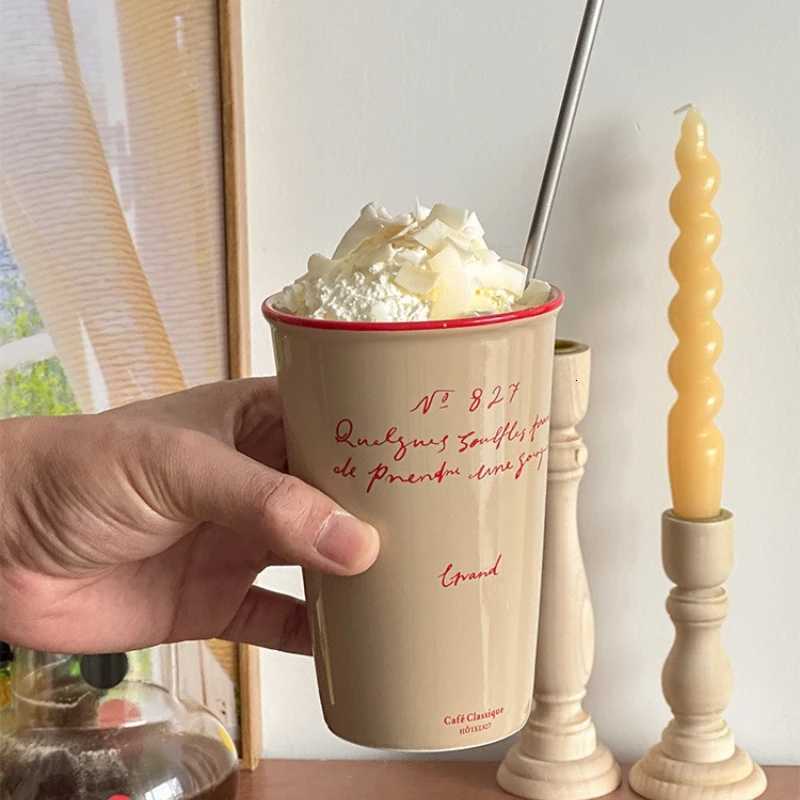 French Ceramic Coffee Mug 450ml Water Cup Vintage Paper Cup Letters Ceramic Hand Hold Tall Mug Coffee Cups Breakfast Juice Mugs Y251125