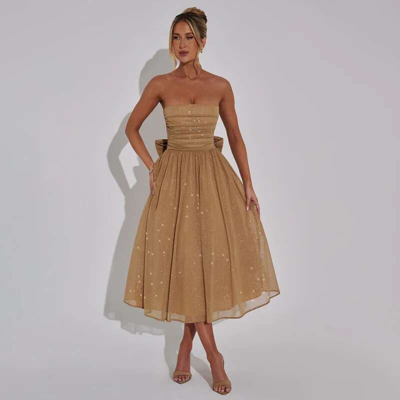 Dongdumaoyi Townlike Sparkle Glitter Mesh Nightclub Sexy Party Dress Women Midi Long Summer Elegant Bow Pleated A Line Dresses