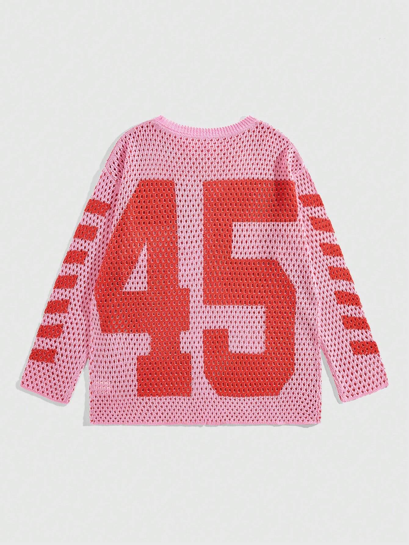 Men's Number Pattern Hollow Breathable Long Sleeve Knitted Sweater, School