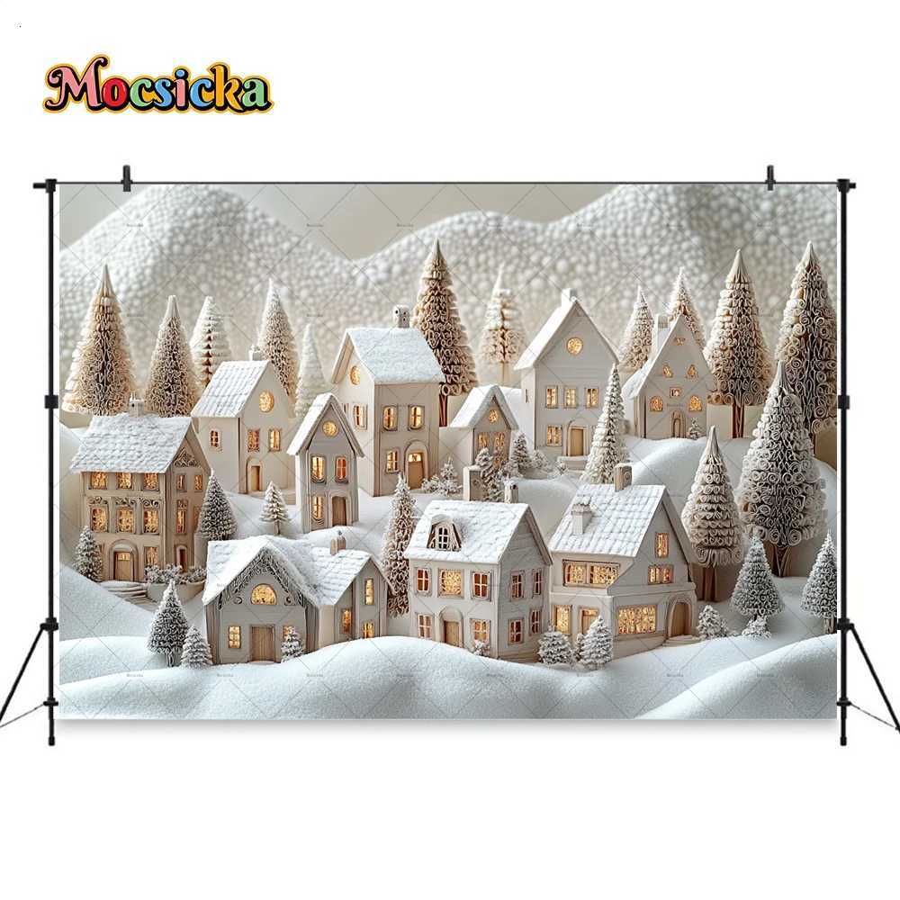 Mocsicka White Christmas Town Background Photography Snowy Houses Xmas Tree Frozen Backdrop Kids Winter Cake Smash Photo StudioM251125