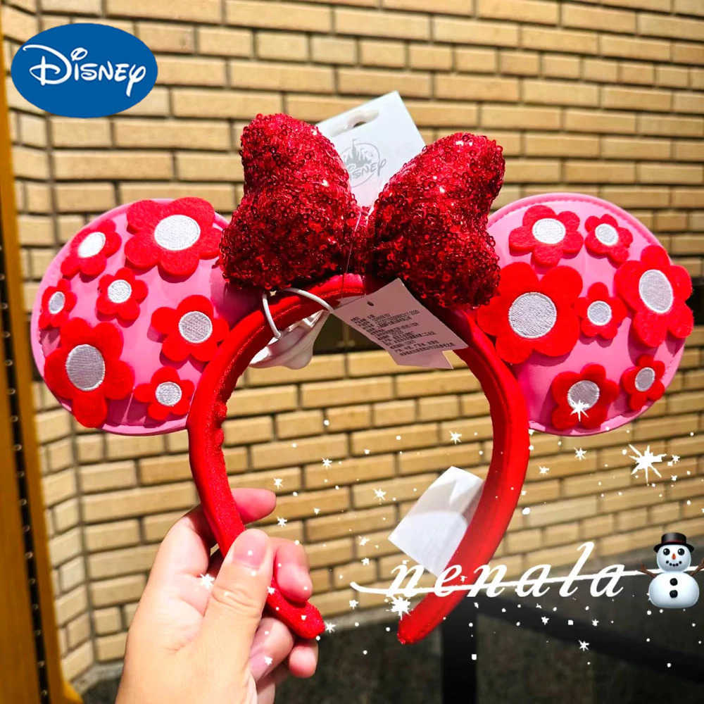 Disney 2025 Disney Mouse Headband Cartoon Red Bow PU Leather Shanghai Disneyland Adult and Childrens Headbands X250425