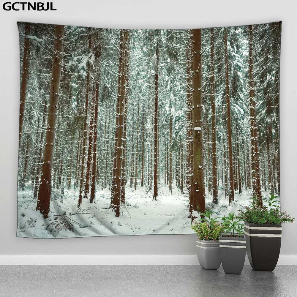 Winter Landscape Tapestry Wall Hanging Forest Snow Scene Christmas Theme Pine Santa Home Decor Living Room Bedroom Wall TapestryM251125