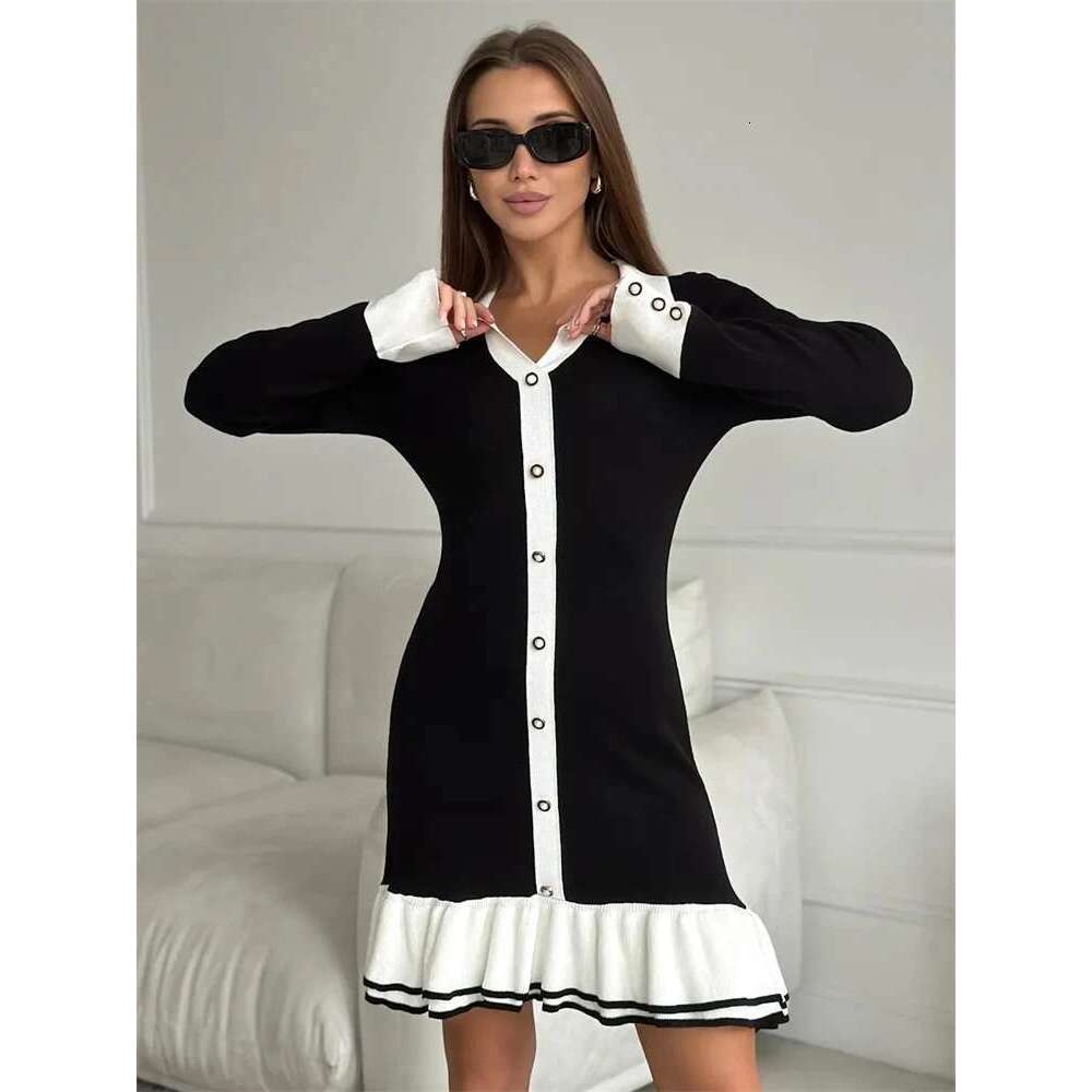 Ruffled Bow Knit Mini Women's Summer Backless Contrast Cardigan Lace-Up Elegant Female Knitwear Bandage Dress