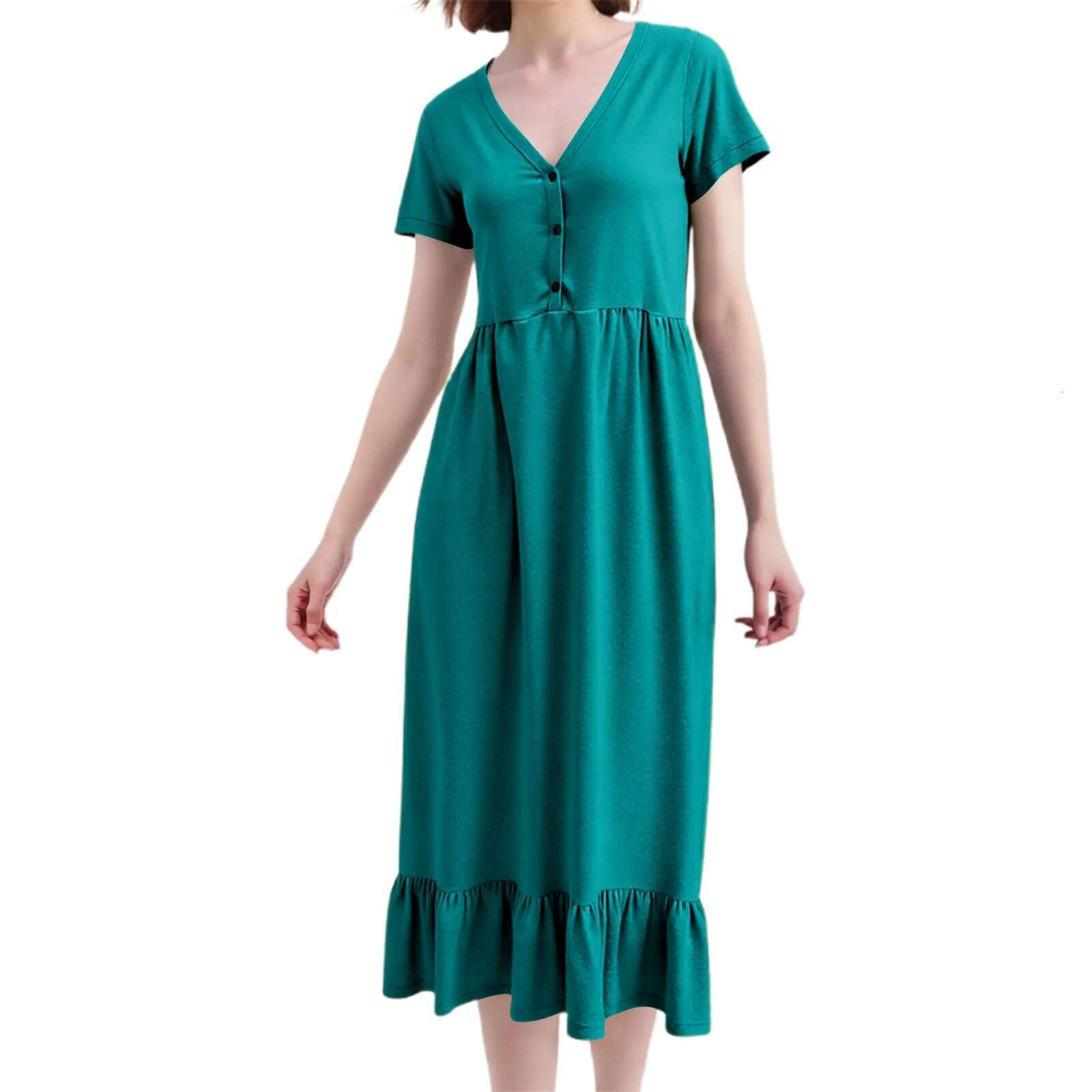 Dongdumaoyi Summer Dresses Solid Short Sleeve Midi For Women Cotton Linen Patchwork Pleated Button Ruffles Casual Holiday Dress