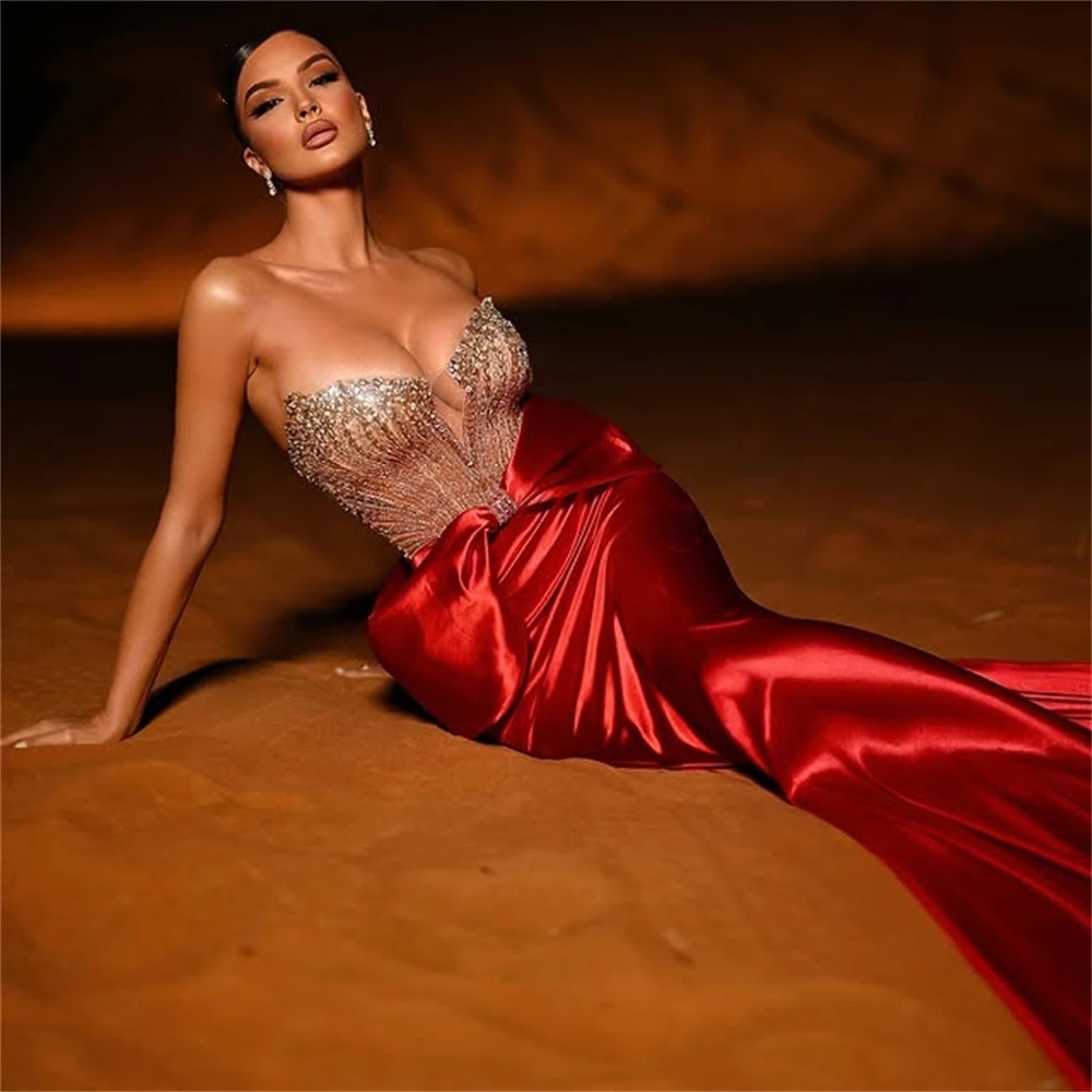 Sexy Evening Dresses For Women Sweetheart Neck Sleeveless Gown Sequins Sweep Train Dress Party Customized Dress