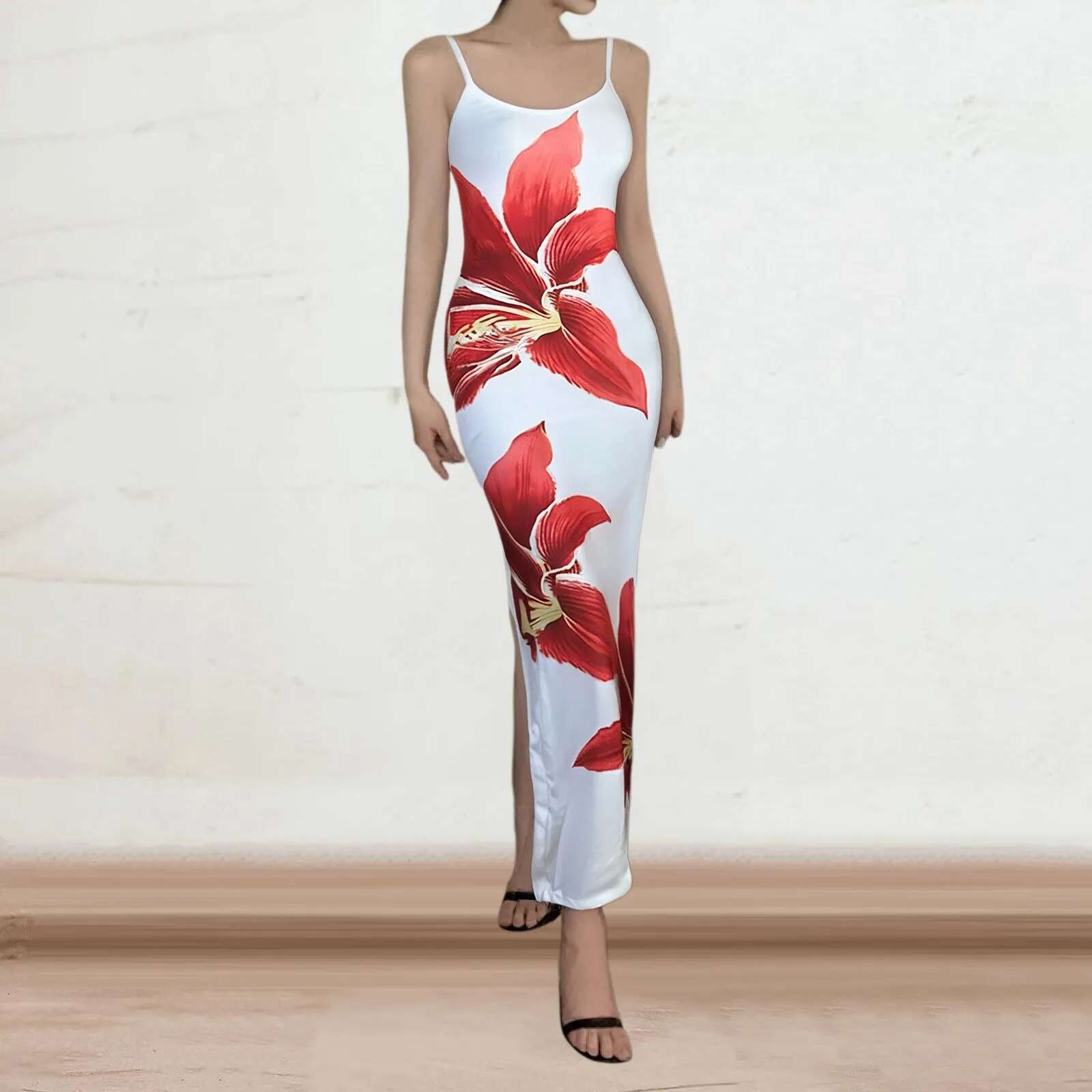 Dongdumaoyi Flower Printed Women Slip Dress Sleeveless Backless Hip Wrap Split Female Long Dresses Summer New Fashion Sexy Lady Robe