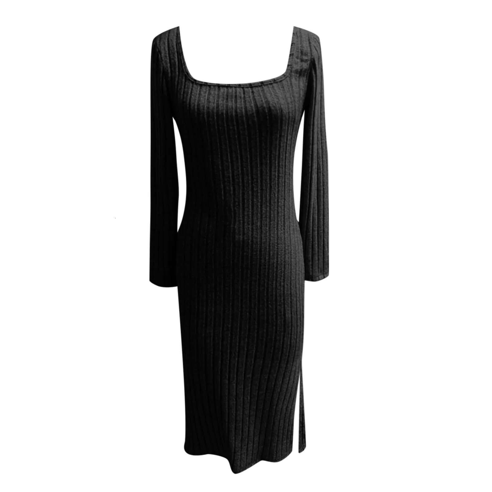 Dongdumaoyi Women S Sundresses Casual Long Sleeve Square Neck Midi Dress Knit Side Slit Ribbed Dresses Summer
