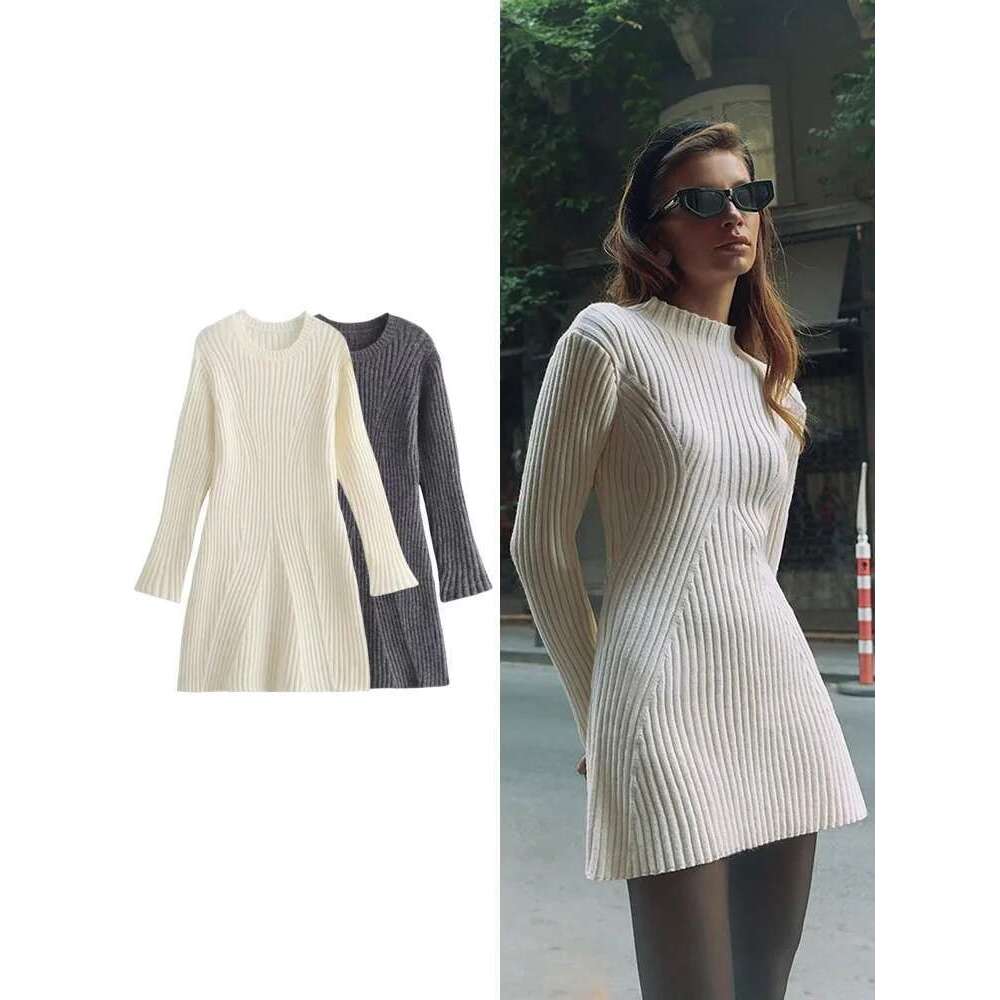 Designer Clothes TRAF Ribbed Knit Long Sleeve Dresses Autumn And Winter New Texture Slim Bottom Sweater Dress Temperament Women's