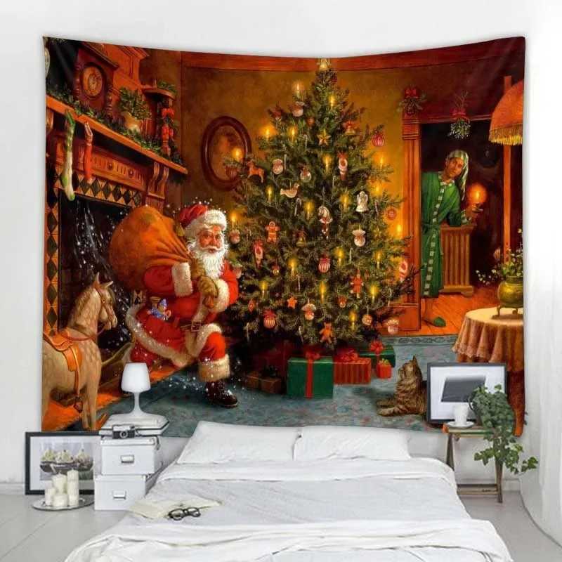 Santa Claus and Christmas Tree Fireplace Printing Decoration Tapestry Christmas Decoration Bohemian Wallcloth Mandala Home DecorM251125