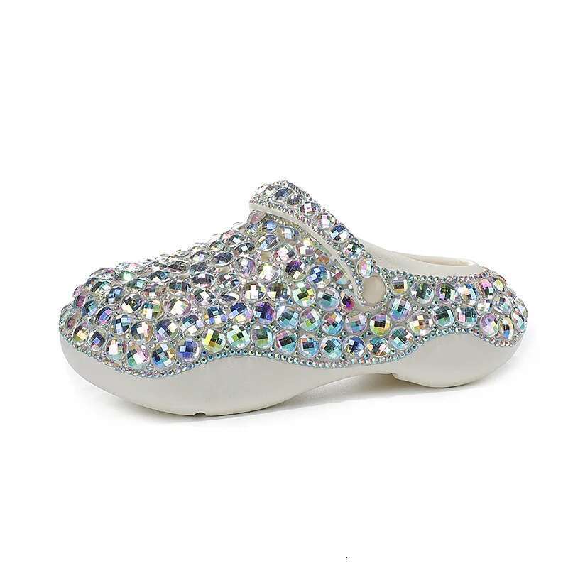 Summer new round toe bag head rhinestone one-line belt thick-sole casual hole shoes daily versatile large-size flat women sandal