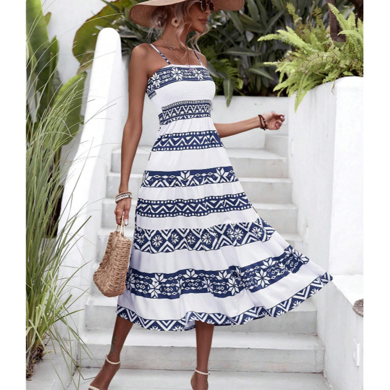 Beach Resort Dresses: Women's Bohemian Summer Dress - Tropical Printed Long Skirt for Casual Beachwear, Leisure, and Vacation Style C260312