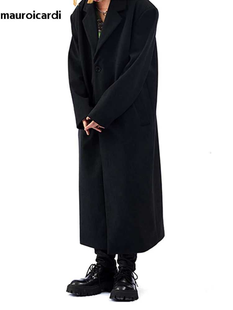 Mauroicardi Autumn Winter Long Oversized Black Woolen Trench Coat Men Shoulder Pads Single Breasted Luxury Cocoon Overcoat 2022T251125