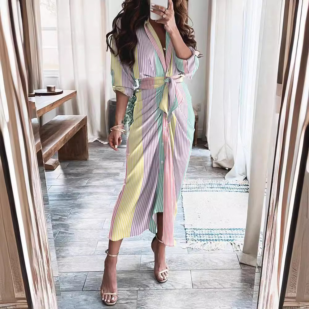 2021 summer long sleeved V-button short sleeved printed dress long skirt