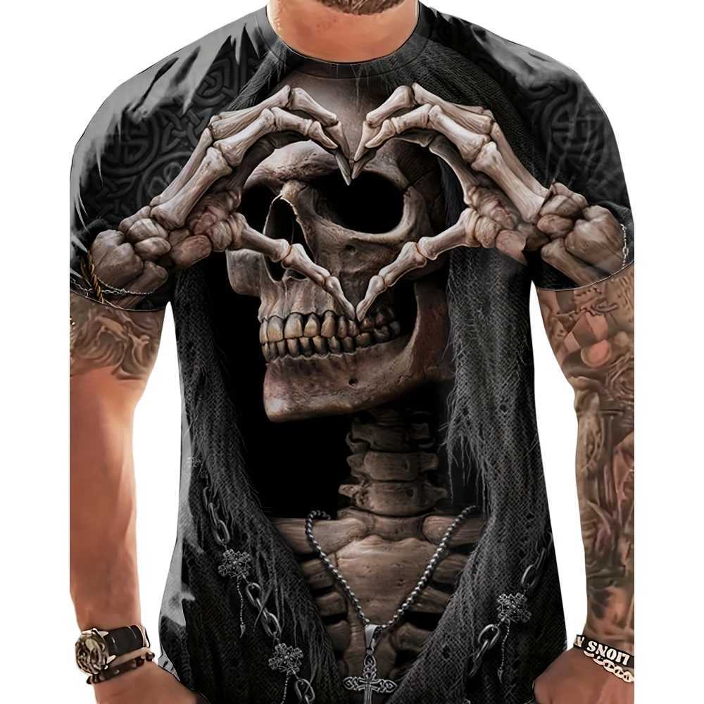 Mens T-shirt 3D skull print casual crew collar T-shirt short sleeved top summer oversized T-shirt hip-hop fashion mens clothing W250425