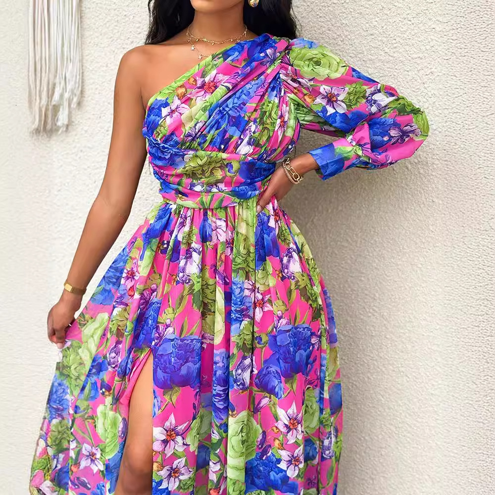 2024 new fashionable off shoulder long lantern sleeve printed dress for womens wear
