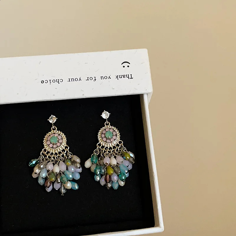 Minar Bohemian multicolor crystal Miyuki Strand tassel Rhinestone round pendant earrings suitable for womens casual beach jewelry 250422
