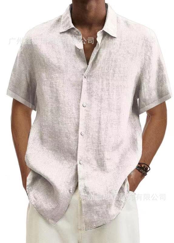 2022 summer V-neck button cotton hemp solid mens fashion shirt men