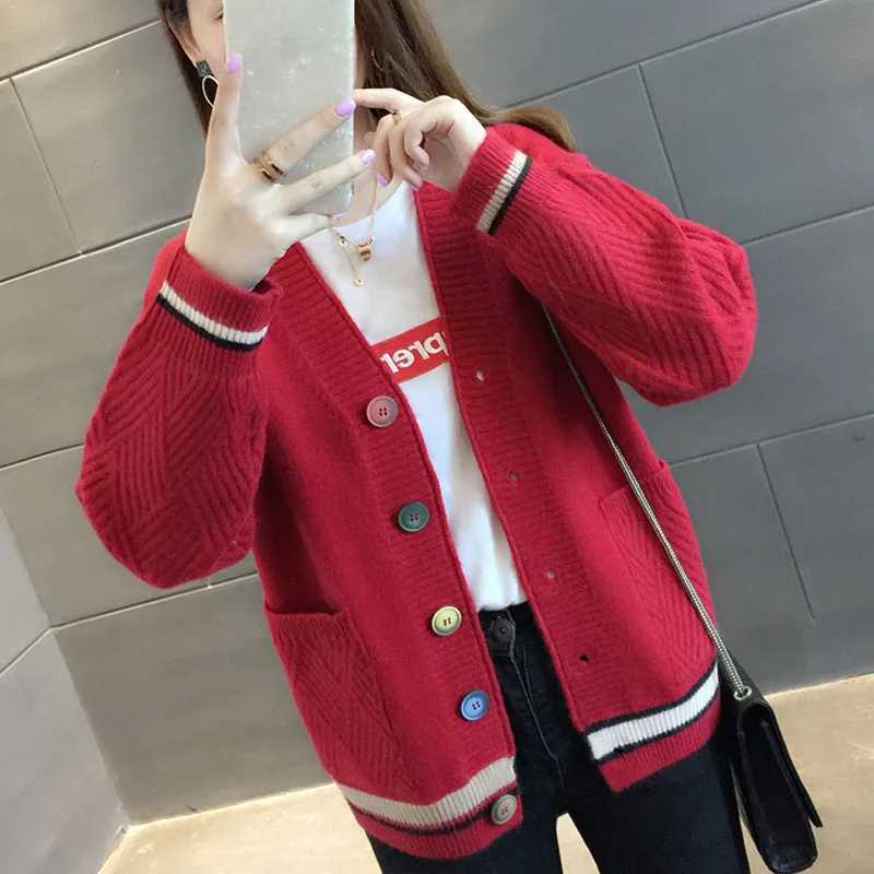 Fashion V-neck womens sweater jacket autumn and winter commuter all-match temperament long-sleeved knitted cardiganT251125