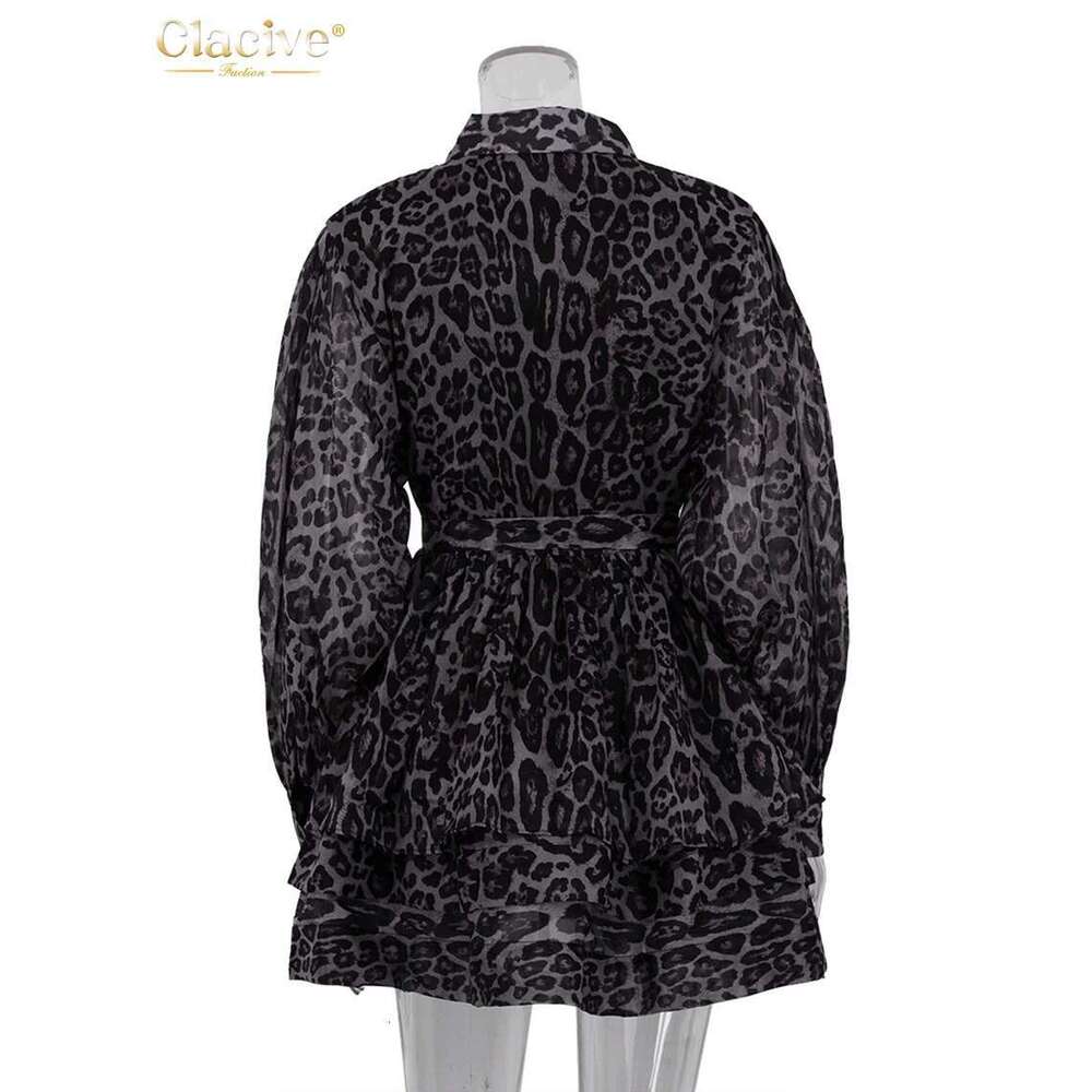 Clacive Fashion Leopard Print Women's 2024 Vintage Lapel Long Sleeve Mini Dresses Elegant High Waist Pleated Female Dress