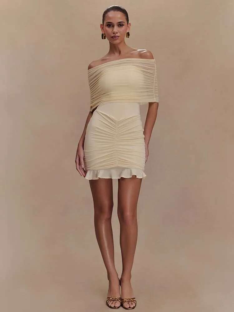Dongdumaoyi Townlike Mesh Patchwork Slim Bodycon Pleated Dress Women Off Shoulder Mini Spring Summer Nightclub Sexy Party Dresses