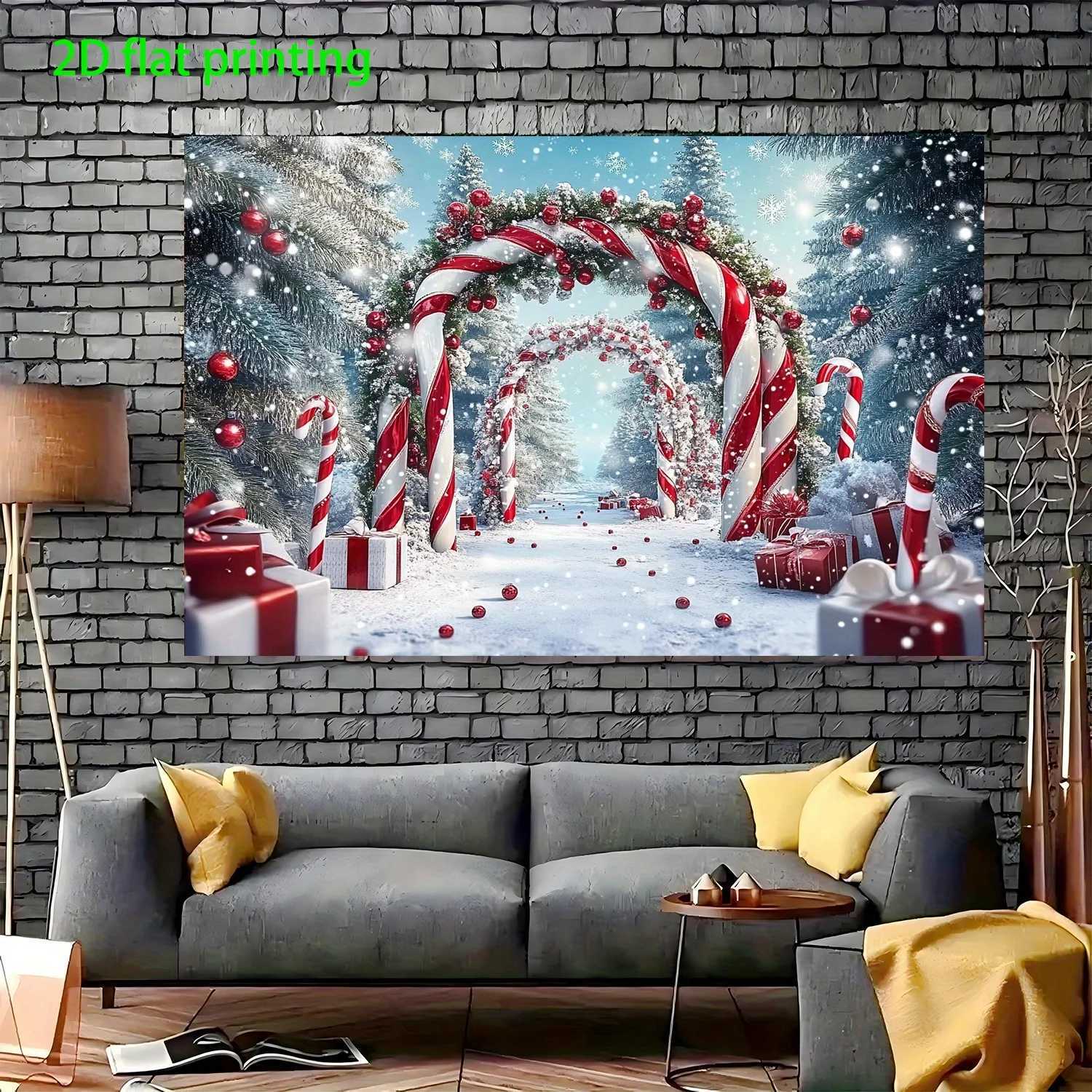 1 Piece Pink Winter Wonderland Background Tapestry Christmas Decoration with Candy Cane Christmas Tree and Snowy TrailHome DecorM251125