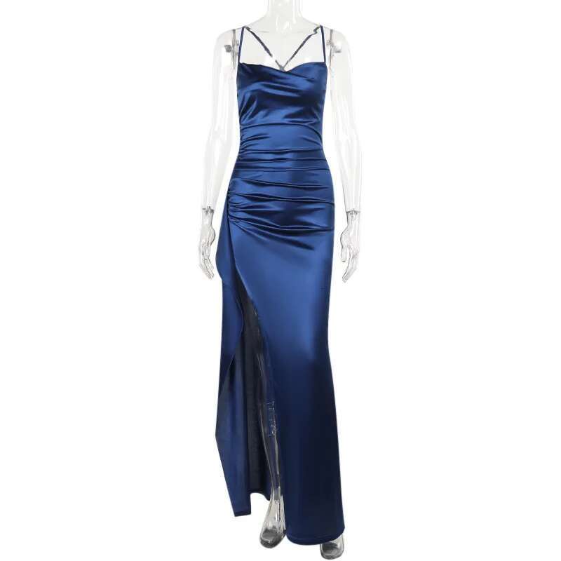 Dongdumaoyi Townlike Slim Bodycon Pleated Dress Women Spaghetti Strap Summer Maxi Long High Split Nightclub Sexy Party Dresses