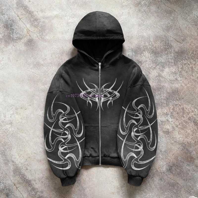 Black printed hoodie mens personalized pattern design Y2k casual cotton sportswear American street style couple jacket w250425