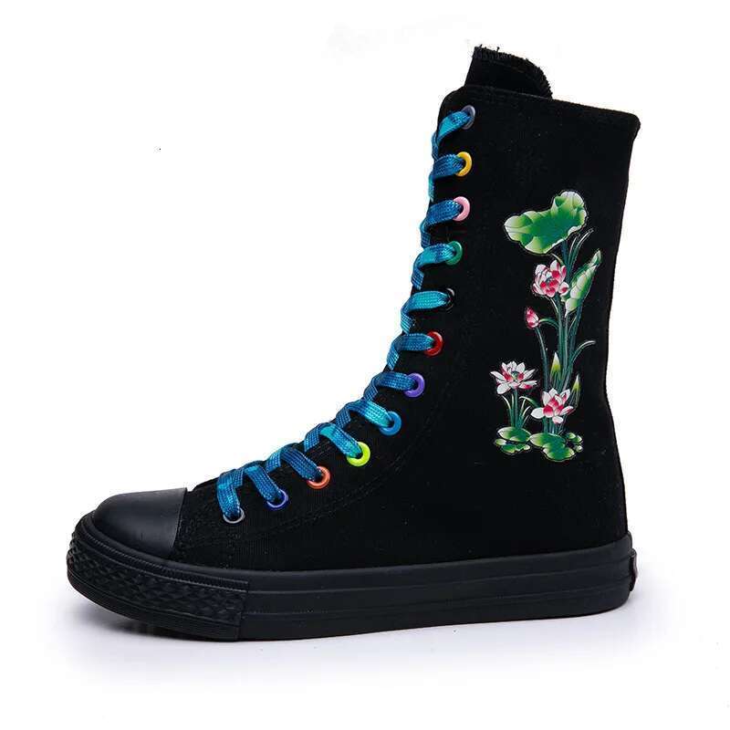 Spring new color lace-up side zipper medium-sized printed canvas flat inner heightening casual large size women's shoes