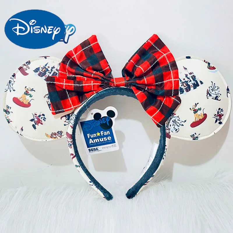 Disney Winter Christmas Headband Cartoon Mickey Pluto PU Leather Ears Adult Bow Headband Minnie Park Accessories Headband X250425