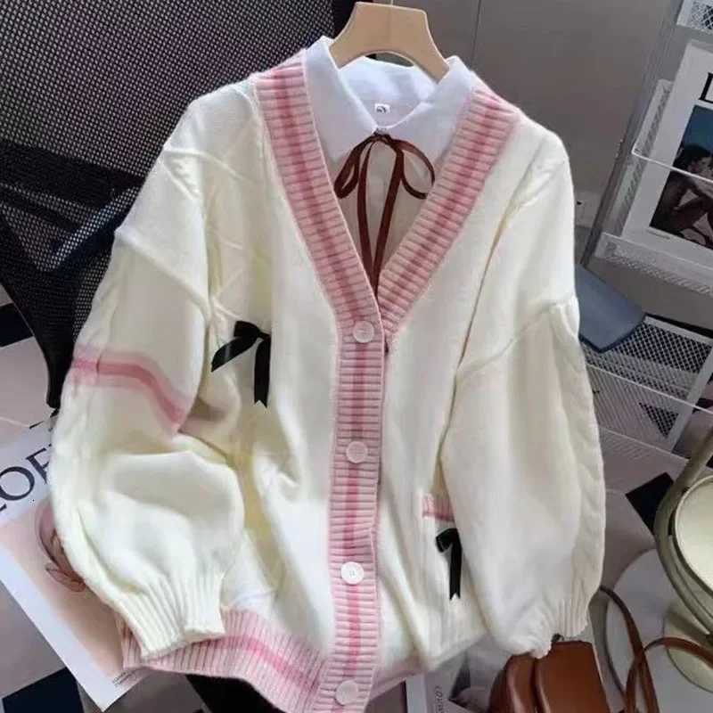 Sweet Bow Sweater Cardigans Women Y2K Aesthetic Contrast Color V-Neck Knitted Cardigan Kawaii Jk Single Breasted Sweaters CoatT251125