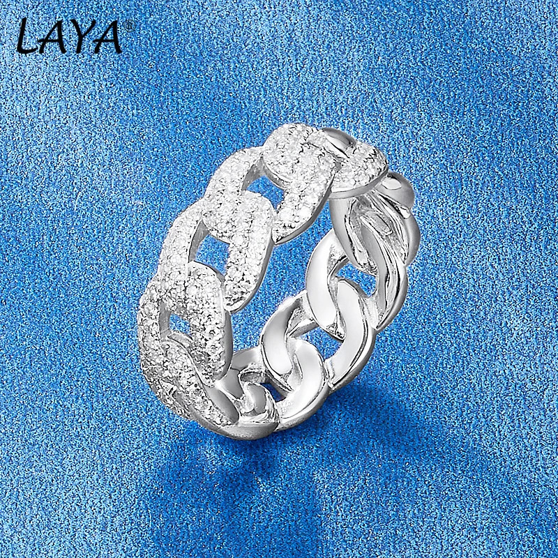 LAYA 925 Sterling Silver Cuban Link Ring Shining Zircon Punk Chain Finger Rings for Women Men Big Size Couple Ring Fine Jewelry 250425