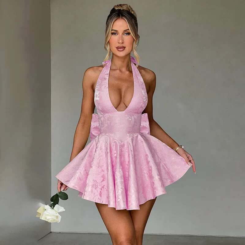 Dongdumaoyi Townlike Jacquard Bow Waist Wrap A Line Dress Women Halter Mini Spring Summer Nightclub Sexy Party Dresses