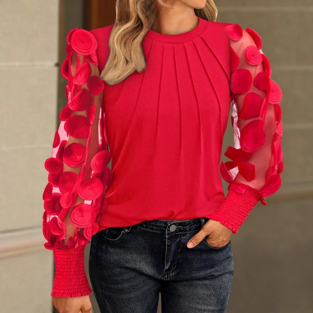 2025 Autumn Long Sleeve Fashion Mesh Splicing Round Neck Top T-shirt for Women